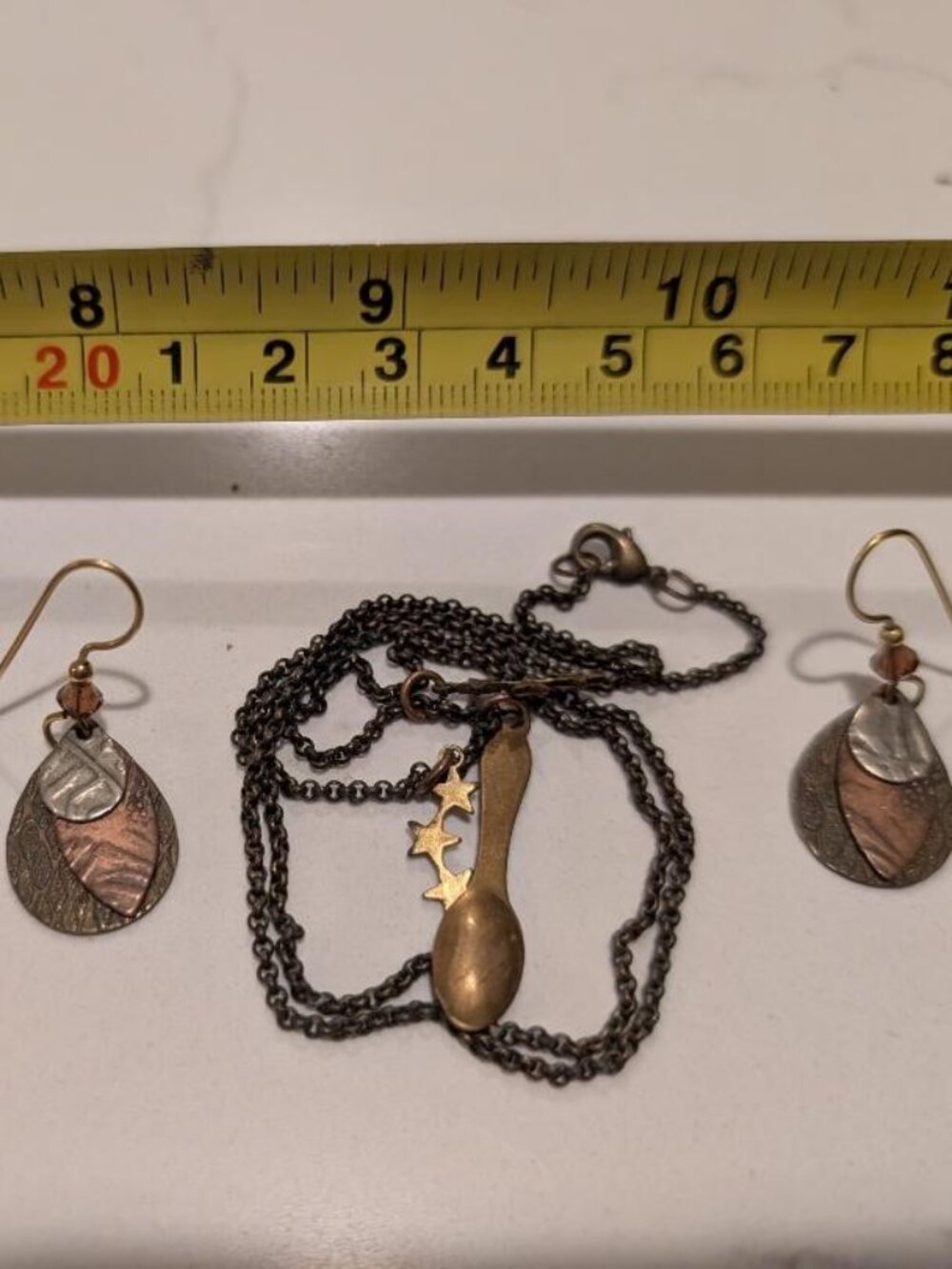 Cute Vintage Cupper Jewelry Set: Spoon Pendant Necklace, Earrings, Ring